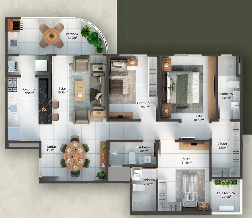 Planta do apartamento de 99,09 m²