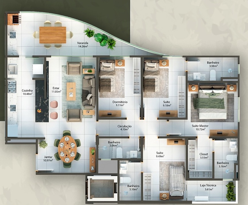 Planta do apartamento de 118,54 m²